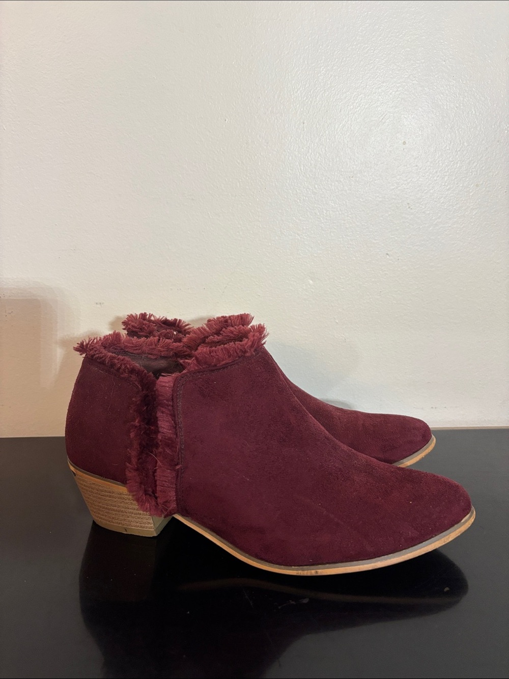 Women’s Burgundy Suede Ankle Boots with Faux Fur Trim